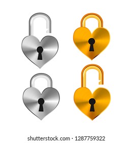Open and closed realistic padlocks in heart shape made from different metals on white