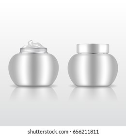 Open and closed realistic white plastic cream jar isolated. Vector illustration.