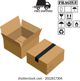 open and closed recyclable cardboard boxes with packing tape and warning symbols