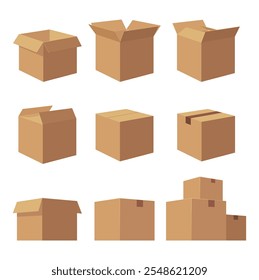 Caja de embalaje de entrega de cartón marrón de reciclaje abierto y cerrado. Colección Ilustración vectorial caja aislada con sombra sobre fondo blanco para Web, icono, Anuncio, infografía.