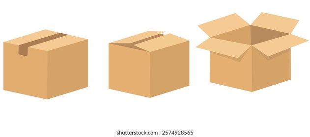 Open and closed recycle brown carton delivery packaging box with fragile signs. Collection vector illustration isolated box with shadow on white background for web, icon, banner, infographic