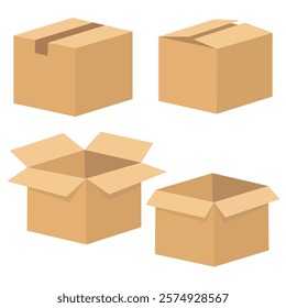 Open and closed recycle brown carton delivery packaging box with fragile signs. Collection vector illustration isolated box with shadow on white background for web, icon, banner, infographic