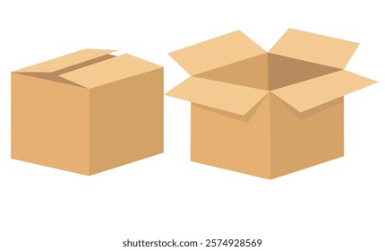 Open and closed recycle brown carton delivery packaging box with fragile signs. Collection vector illustration isolated box with shadow on white background for web, icon, banner, infographic