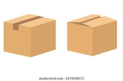 Open and closed recycle brown carton delivery packaging box with fragile signs. Collection vector illustration isolated box with shadow on white background for web, icon, banner, infographic