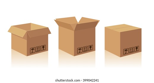 Caja de embalaje de cartón marrón abierto y cerrado con cartón frágil. Ilustración vectorial aislada con sombra sobre fondo blanco para web, icono, banner, info gráfico.