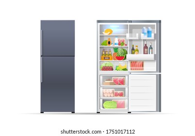 open and closed refrigerator fridge full of fresh food horizontal isolated vector illustration