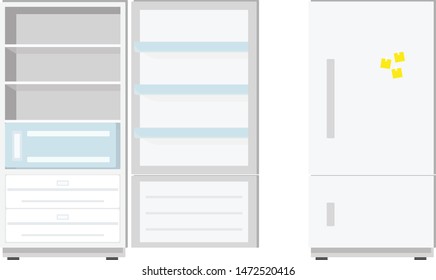 Open and closed refrigerator, Vector illustration. Fridge isolated on white background for web design.