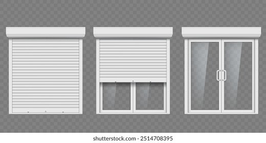 Offene und geschlossene Rolladentür mit Glas. Vorlage einzeln auf transparentem Hintergrund. Vektorgrafik.