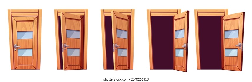 Open and closed room or front door. Animation sprite sheet with wooden door with frame, glass, handle and lock isolated on white background, vector cartoon set