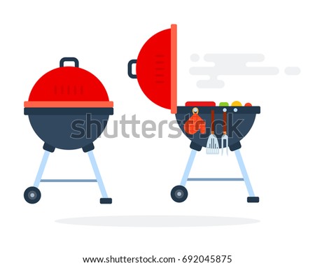 Open and closed round grill with grilling equipment on wheels for backyard vector flat material design isolated on white