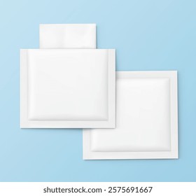 Open and closed sachet bag mockup set for single wet wipe. Vector illustration on colour background. Flat lay view. Can be use for template your design, presentation, promo, ad. EPS10.