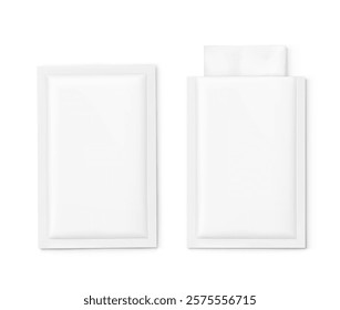 Open and closed sachet bag mockups for single wet wipe. Vector illustration isolated on white background. Flat lay view. Can be use for template your design, presentation, promo, ad. EPS10.