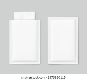Open and closed sachet bag mockups for single wet wipe. Vector illustration isolated on grey background. Flat lay view. Can be use for template your design, presentation, promo, ad. EPS10.