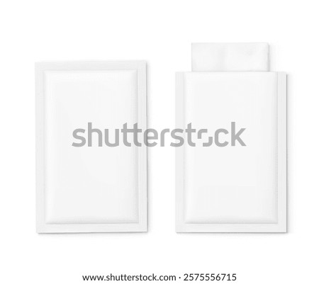Open and closed sachet bag mockups for single wet wipe. Vector illustration isolated on white background. Flat lay view. Can be use for template your design, presentation, promo, ad. EPS10.