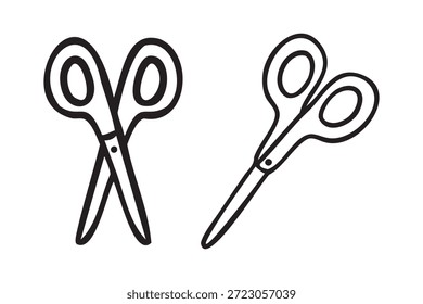 Tesoura aberta e fechada, par de papelaria, rabiscar escola de arte de linha, contorno, monocromático, desenhado à mão. Ilustração vetorial.