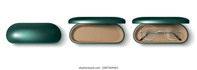 Open and closed shiny green glasses case realistic set top view isolated vector illustration