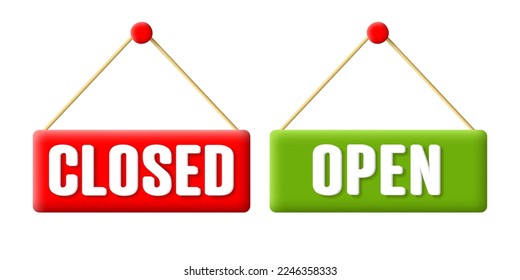 Open and Closed shop sign 3d icon hanging on a pin in red and green colors