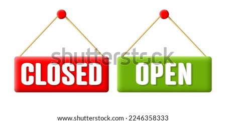 Open and Closed shop sign 3d icon hanging on a pin in red and green colors