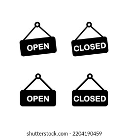 open closed sign, black filled icon set, visitor welcoming shop board, vector tag with negative space