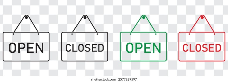 Open and Closed sign board icon set flat or line buttons vector for graphic design isolated on transparent background. Easily editable. Red and green symbol. Alert signal message for website and app.