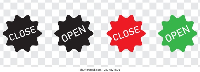 Open and Closed sign board icon set flat or line buttons vector for graphic design isolated on transparent background. Easily editable. Red and green symbol. Alert signal message for website and app.