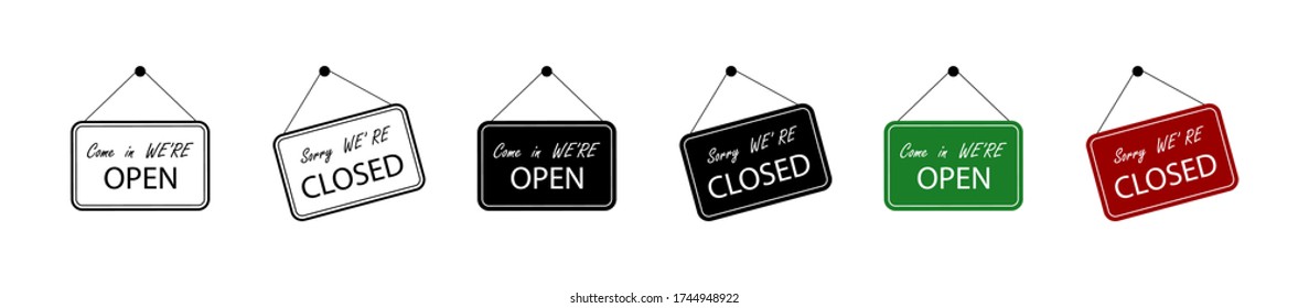 Open and closed sign board, isolated. Open with closed signboard in different design. Vector illustration