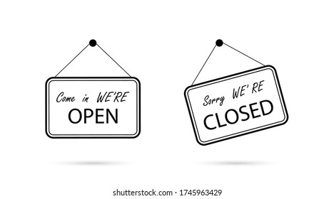Open and closed sign board, isolated. Open with closed signboard in line design. Vector illustration