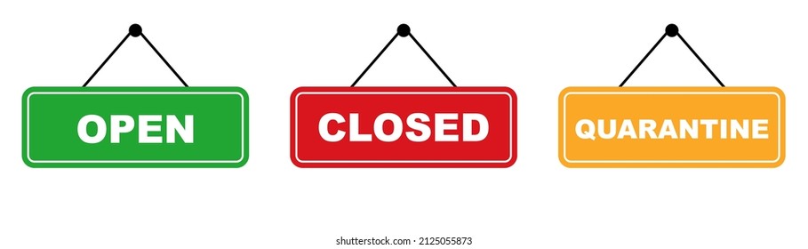 Open and closed sign board. Quarantine signboard. Open and closed board. Red, green and orange store sign. Stock vector illustration