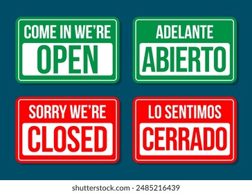 Open and Closed sign, board, Spanish and English, red, green, vector