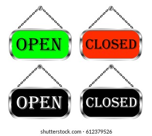 Open and closed sign board, vector isolated set