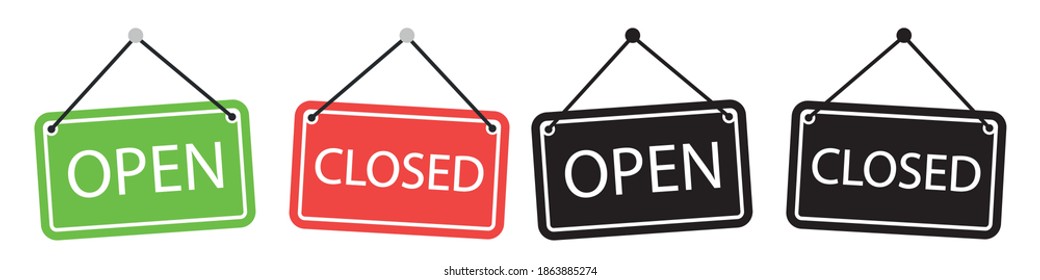 Open Closed sign. Open and closed for a door signs. Door store templates. Closed banners isolated on white background. Vector illustration.