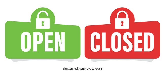 Open and closed sign. Open closed vector banner on door store. Set graphic elements isolated. Vector illustration.