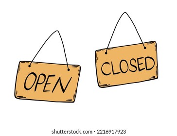 Open Closed Signboard. Hand Drawn Square Sign Sketch Style. Doodle Drawing Pointer, Cafe Or Shop Door Placard, Information Post Vector Isolated Illustration