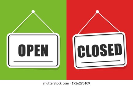 Open and closed signboard. Open closed vector banner on door store. Door signs with a rope. Vector illustration.