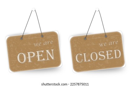 Open and Closed signs 3D web vector illustration. Open - Close icons. Vintage design signboards. Open-Close store signs. Eps format, editable.