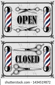 Open and Closed Signs for Barber Shop with hairdressing scissors. Vector illustration