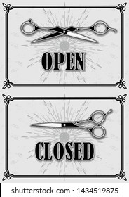 Open and Closed Signs for Barber Shop with hairdressing scissors. Vector illustration