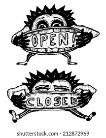 Open and closed signs cartoons characters set/ Illustration of a set of doodle hand drawn open and closed signs cartoons characters set
