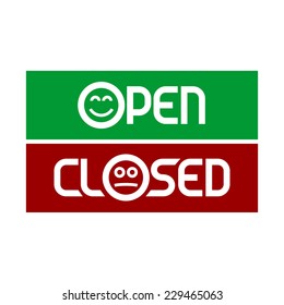 Open and closed signs with emoticons. Smiling and sad faces.