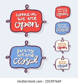 Open and Closed Signs. Hand drawn illustration.