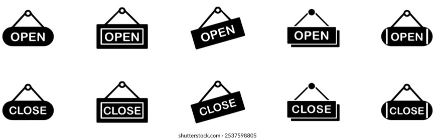 Open and closed signs hanging icon vector door welcome sign for store cafes label outline symbol illustration. EPS 10