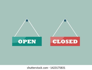 Open and closed signs hanging plates. Vector illustration