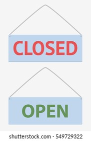 Open and closed signs. Hanging shop tables. Isolated on white background. Flat vector stock illustration