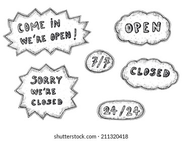 Open and closed signs icons Set/ Illustration of a set of doodle hand drawn open and closed signs icons set