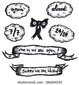 Open and closed signs icons Set/
Illustration of a set of doodle hand drawn open and closed signs icons set