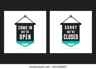 Open and closed signs label store information for banner, label, badge, business, store, marketplace, and more