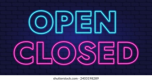 Open and closed signs. Neon signs. Bar open light neon sign. Vector illustration