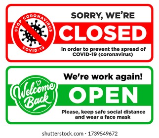 Open and Closed signs on the front door of a store or office. Design information building facade, vector