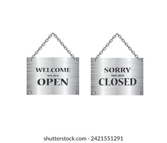 Open and closed signs on metal board, vector