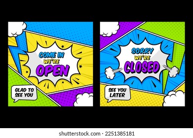 Carteles abiertos y cerrados almacenar información de arte pop estilo de cómic para banner, etiqueta, insignia, negocios, tienda, mercado y más
